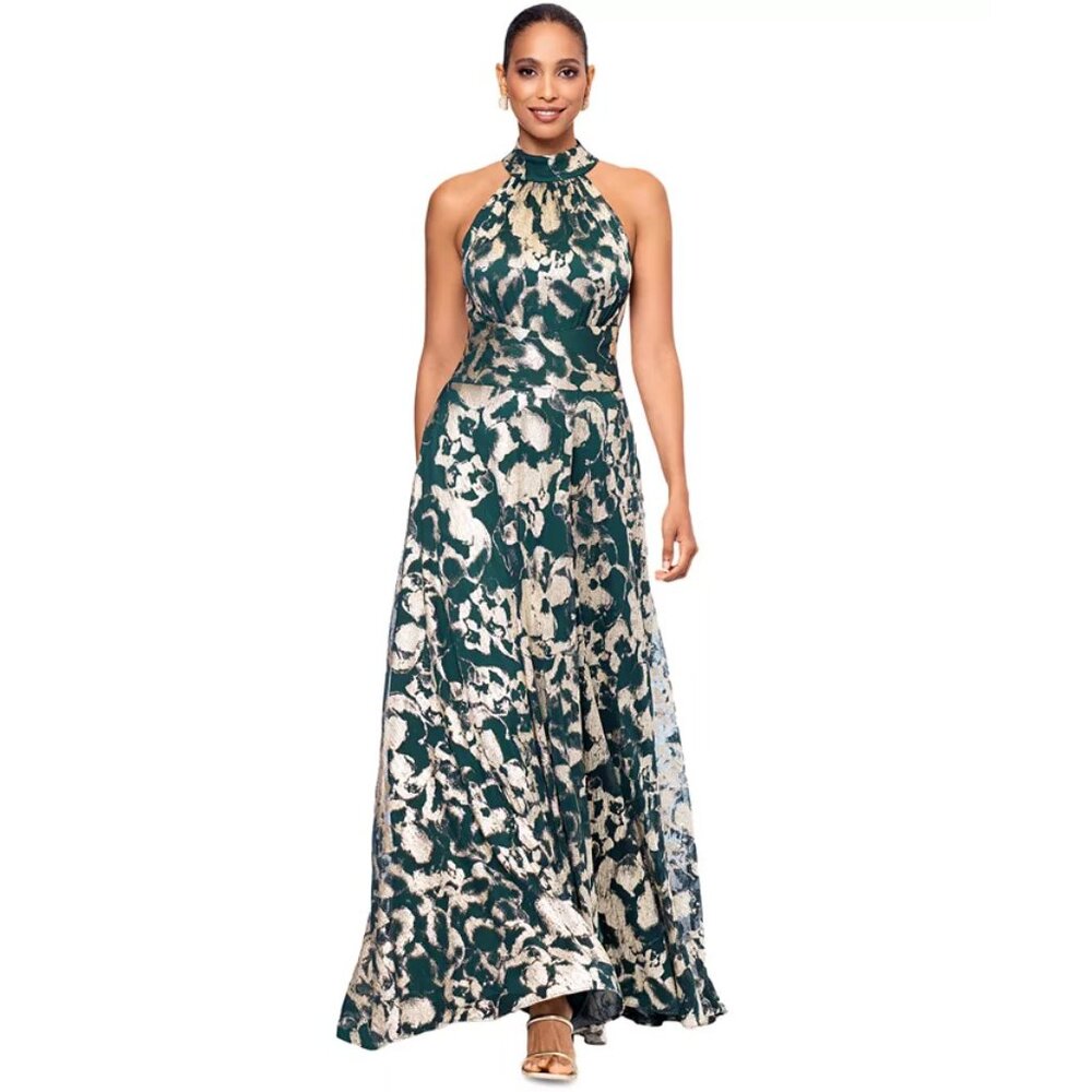 Metallic Floral High Neck Sleeveless Gown - Betsy & Adam